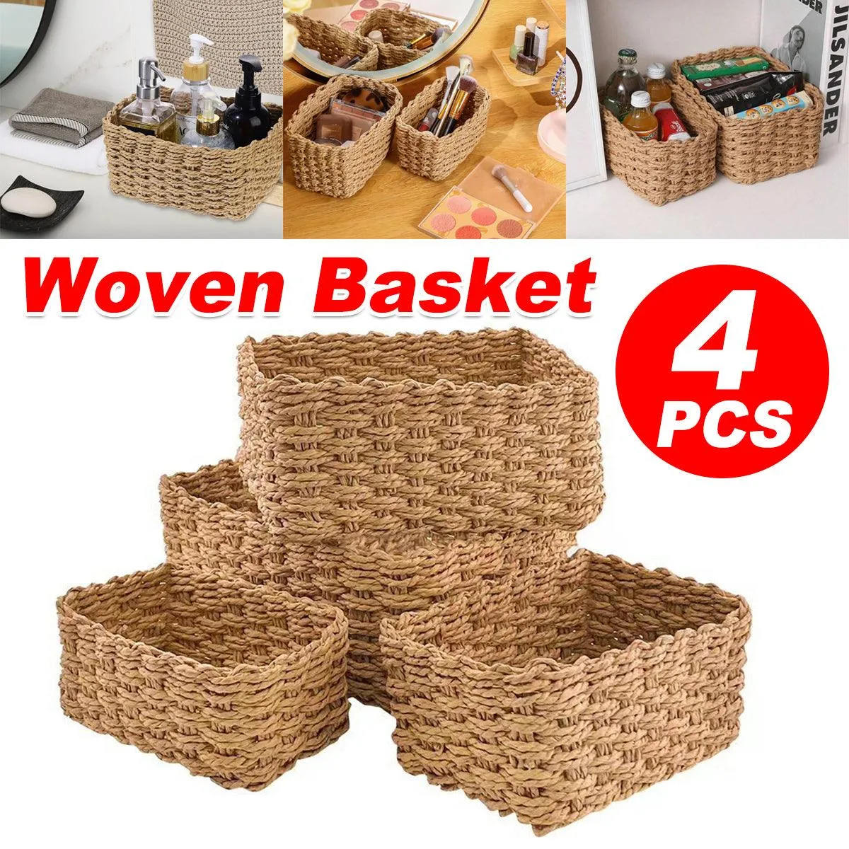 4pcs Woven Storage Basket Straw Organizer Desktop Clutter Storage Bins for Home