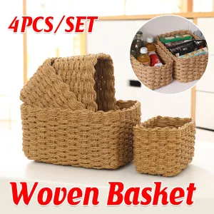 4pcs Woven Storage Basket Straw Organizer Desktop Clutter Storage Bins for Home