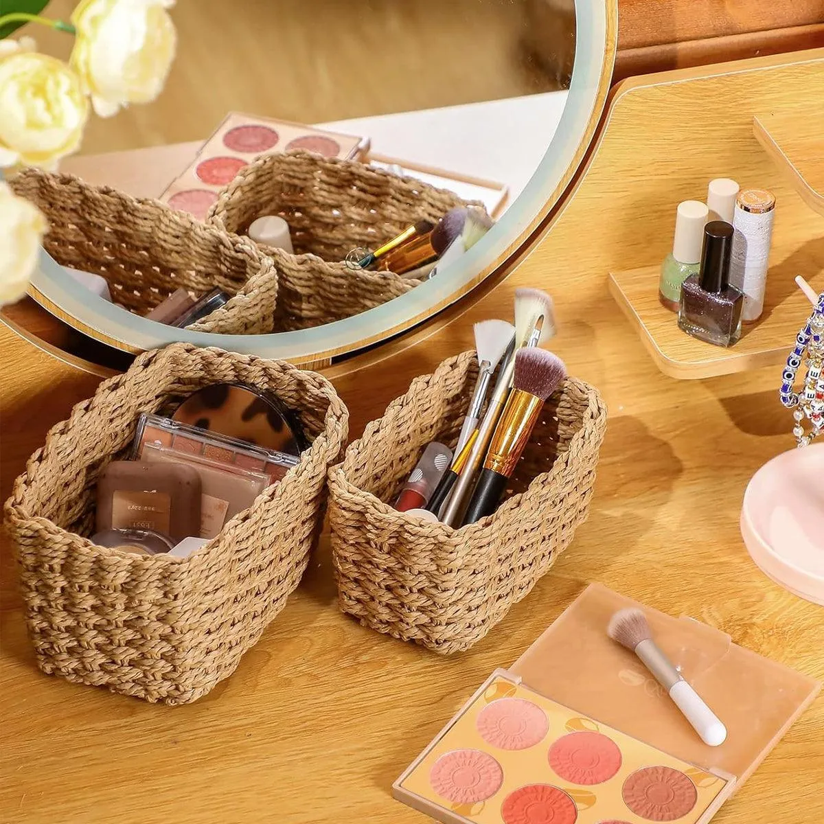 4pcs Woven Storage Basket Straw Organizer Desktop Clutter Storage Bins for Home