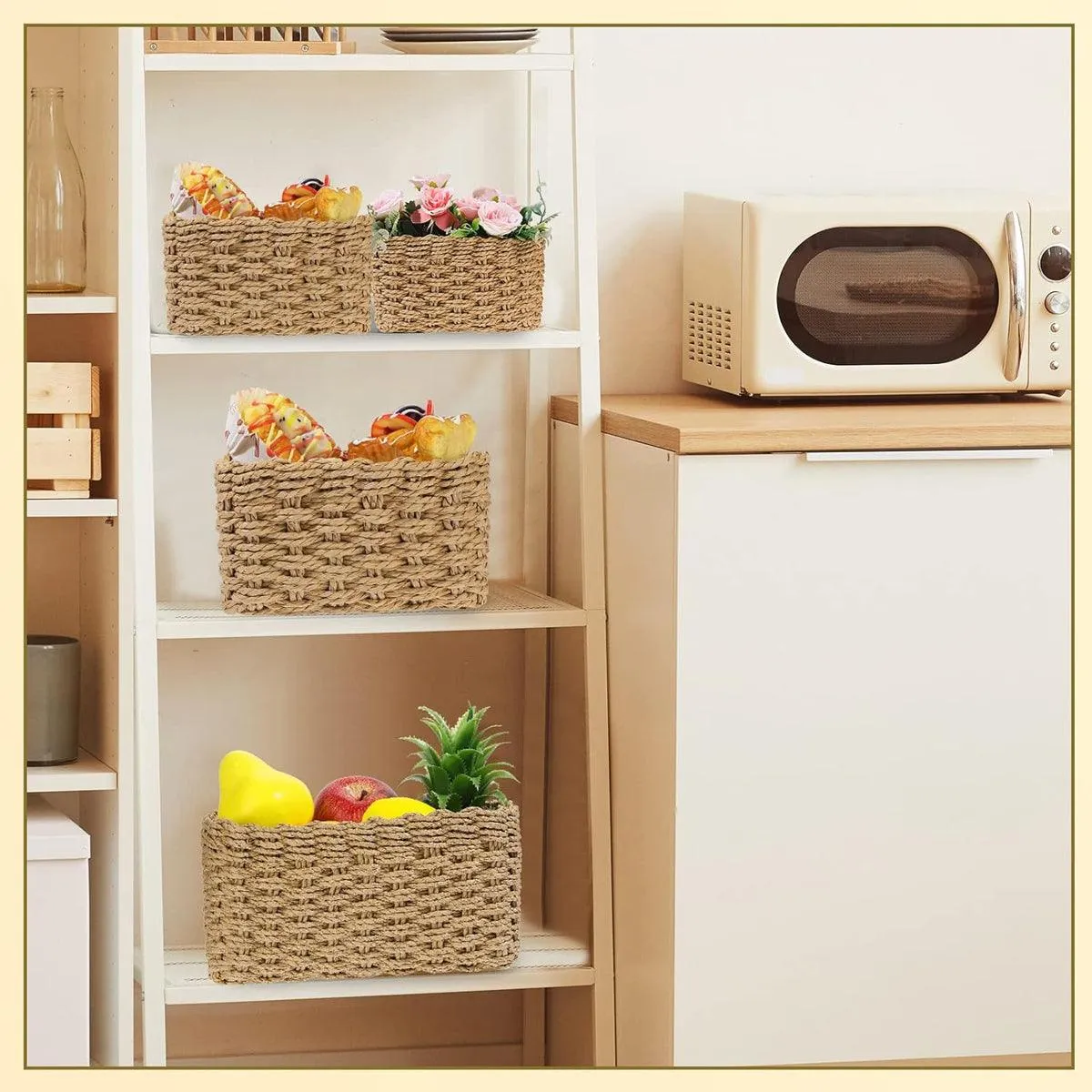 4pcs Woven Storage Basket Straw Organizer Desktop Clutter Storage Bins for Home