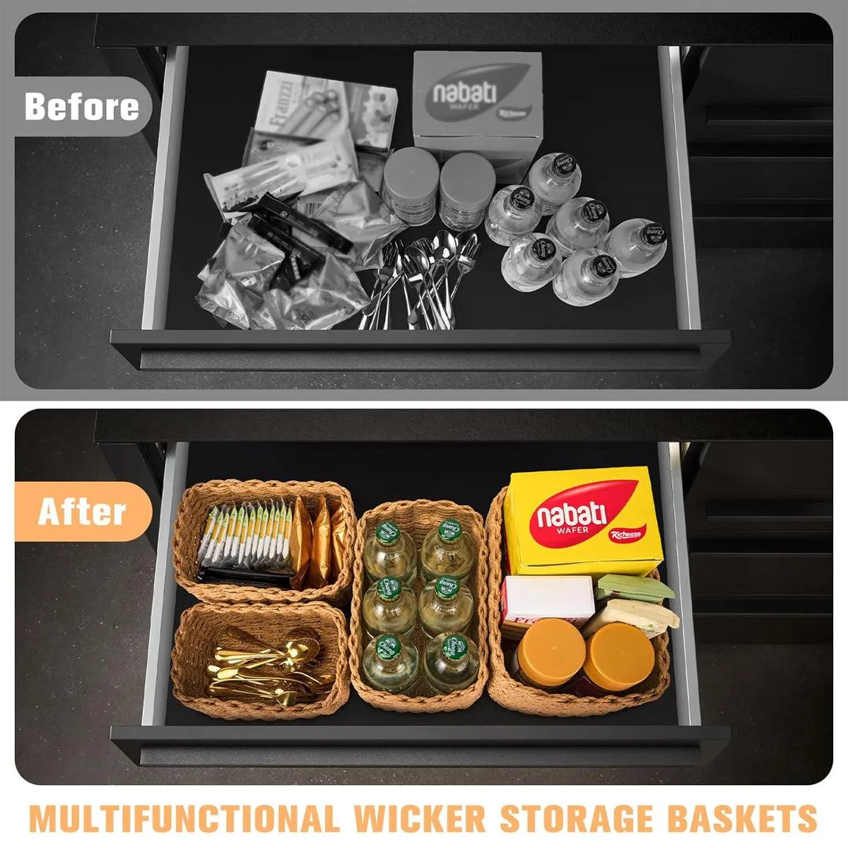 4pcs Woven Storage Basket Straw Organizer Desktop Clutter Storage Bins for Home