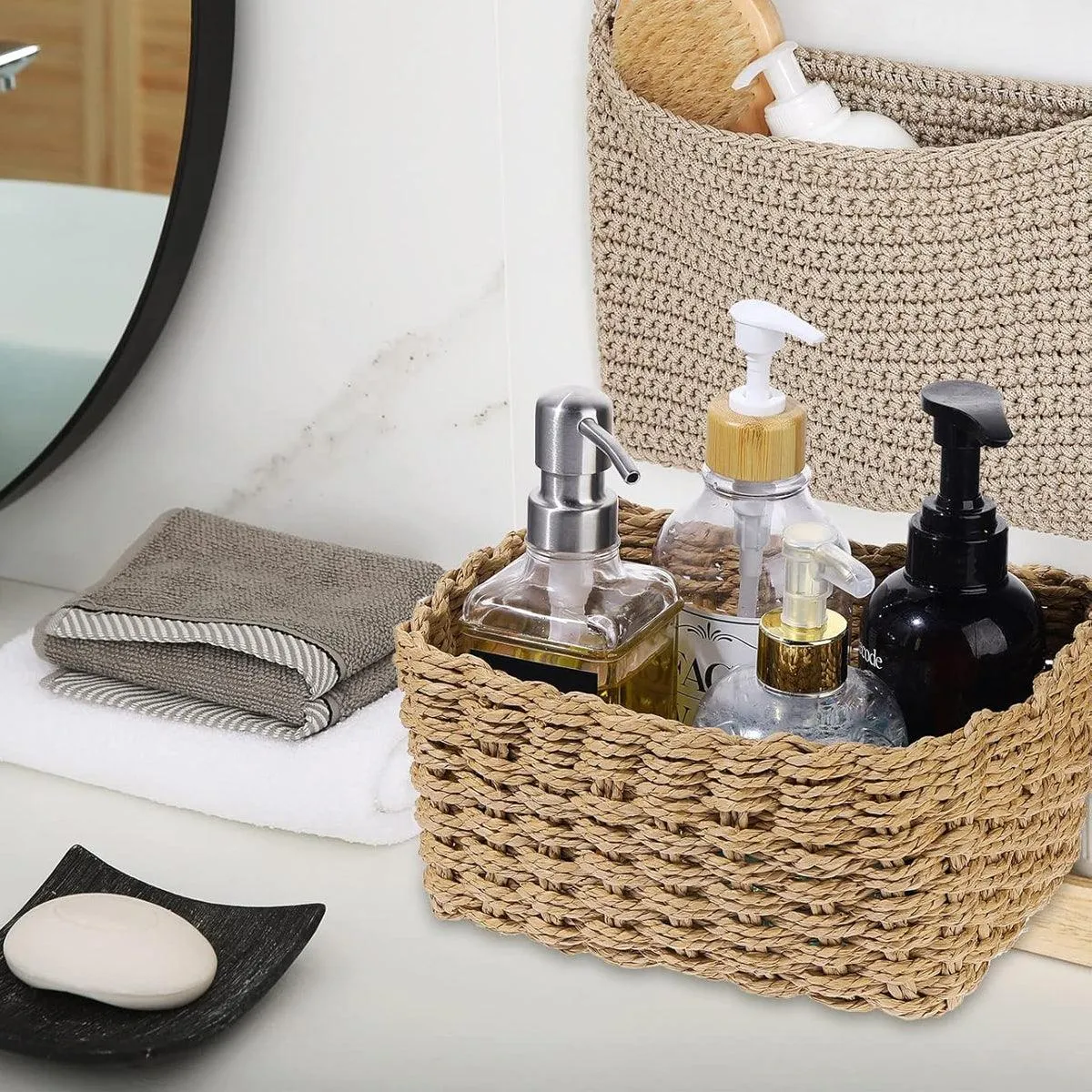 4pcs Woven Storage Basket Straw Organizer Desktop Clutter Storage Bins for Home