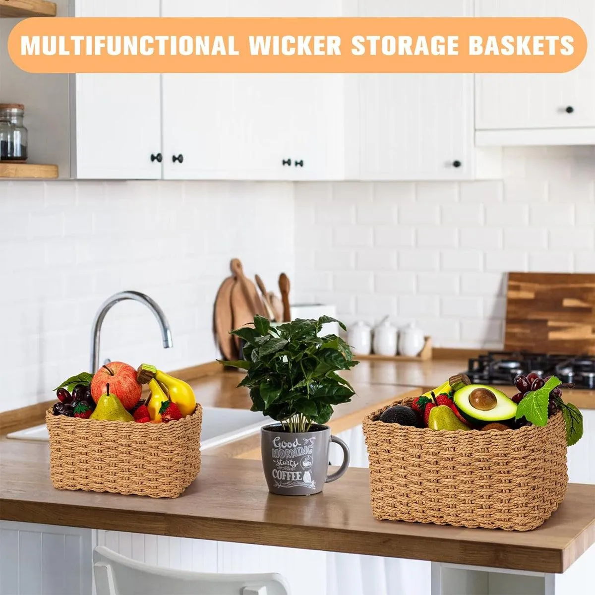 4pcs Woven Storage Basket Straw Organizer Desktop Clutter Storage Bins for Home