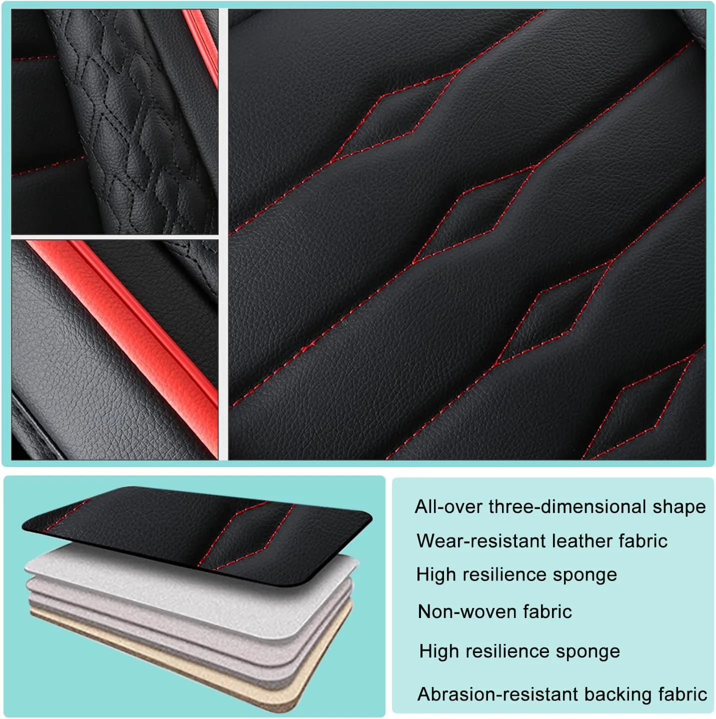 5 Seat Covers for Hyundai Elantra 2002-2024 Napa Leather Seat Covers Water and Dust Resistant Soft Car Seat Protectors Comfortable Car Seat Covers with Airbags (Black Red Bars, Luxury)