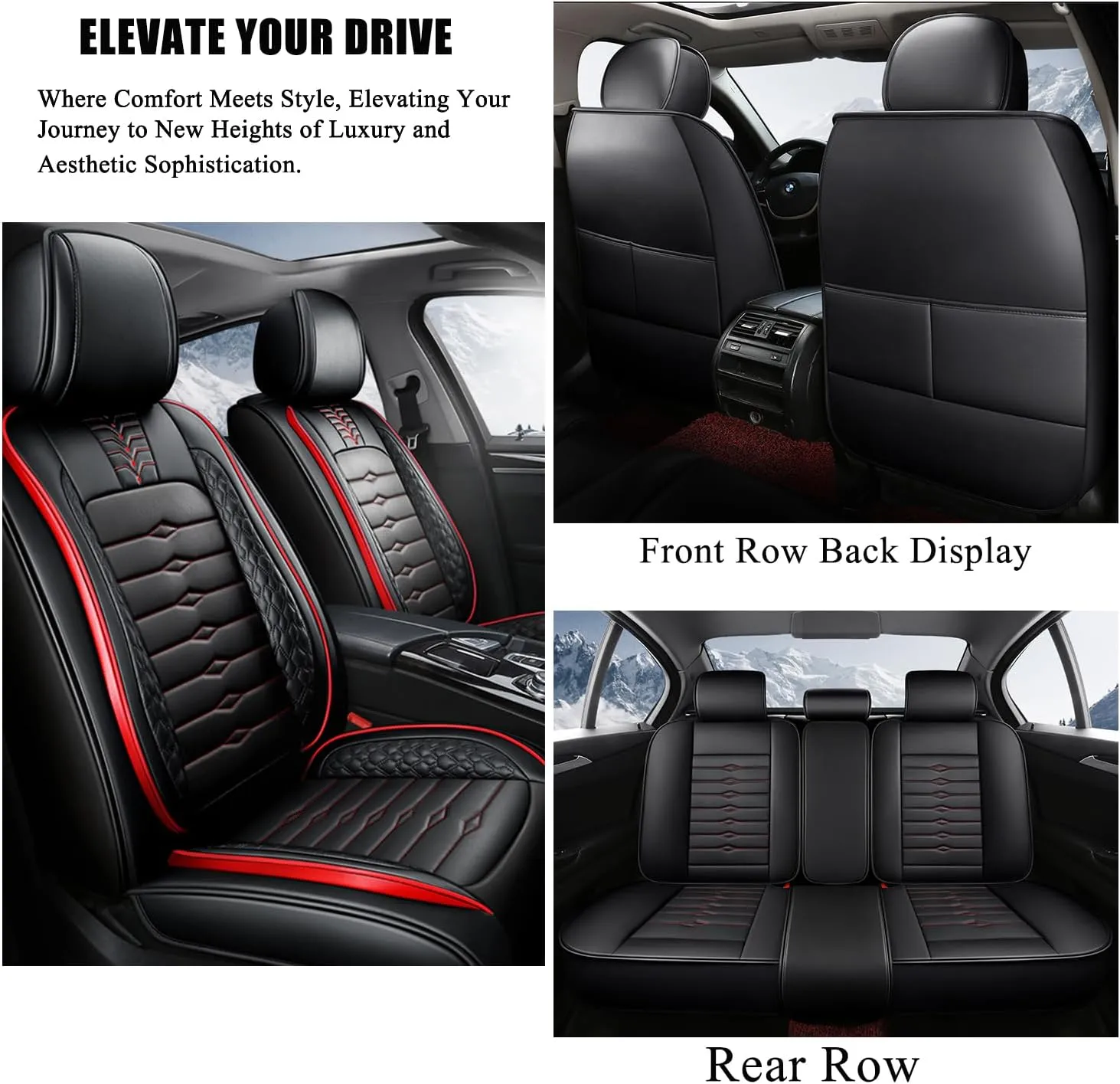 5 Seat Covers for Hyundai Elantra 2002-2024 Napa Leather Seat Covers Water and Dust Resistant Soft Car Seat Protectors Comfortable Car Seat Covers with Airbags (Black Red Bars, Luxury)