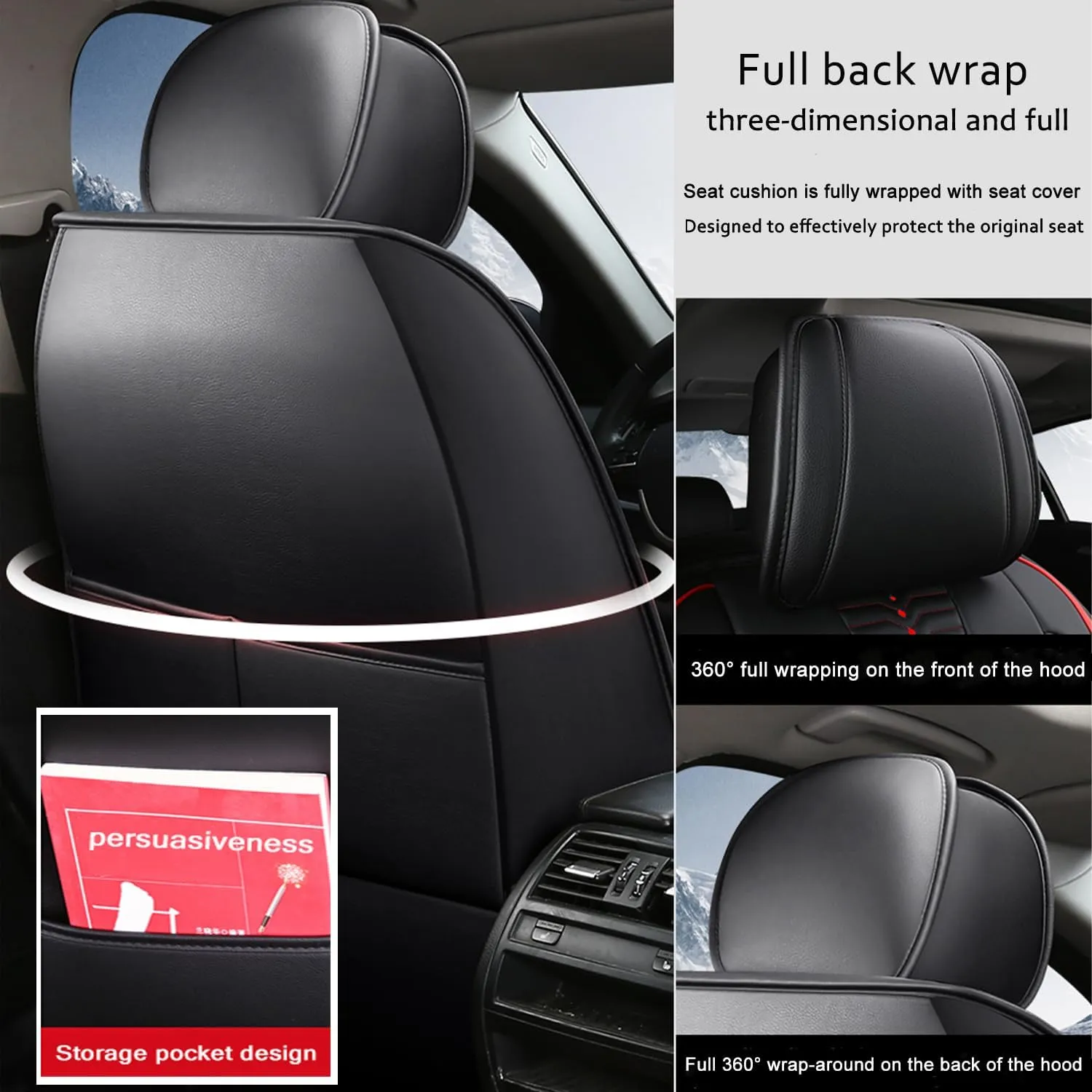 5 Seat Covers for Hyundai Elantra 2002-2024 Napa Leather Seat Covers Water and Dust Resistant Soft Car Seat Protectors Comfortable Car Seat Covers with Airbags (Black Red Bars, Luxury)