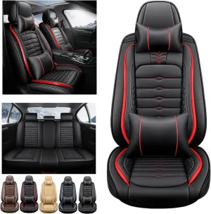 5 Seat Covers for Hyundai Elantra 2002-2024 Napa Leather Seat Covers Water and Dust Resistant Soft Car Seat Protectors Comfortable Car Seat Covers with Airbags (Black Red Bars, Luxury)