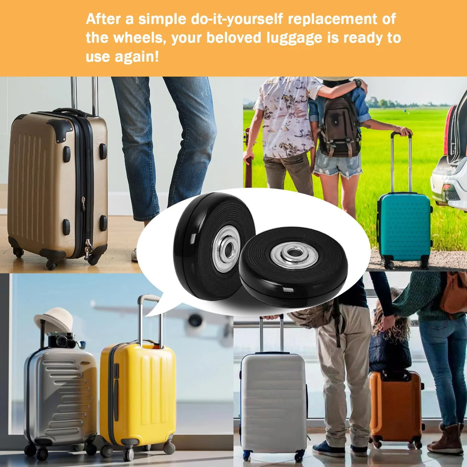 50mm x 14mm Luggage Wheels Replacement Kit 8Pcs Rubber Swivel Caster Wheels with 50mm Axles and Repair Kit for Luggage Bags Trolley Case
