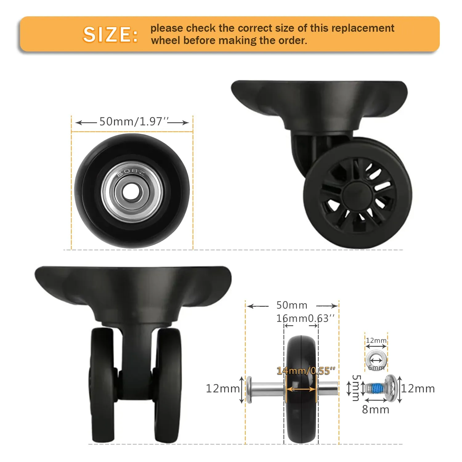 50mm x 14mm Luggage Wheels Replacement Kit 8Pcs Rubber Swivel Caster Wheels with 50mm Axles and Repair Kit for Luggage Bags Trolley Case