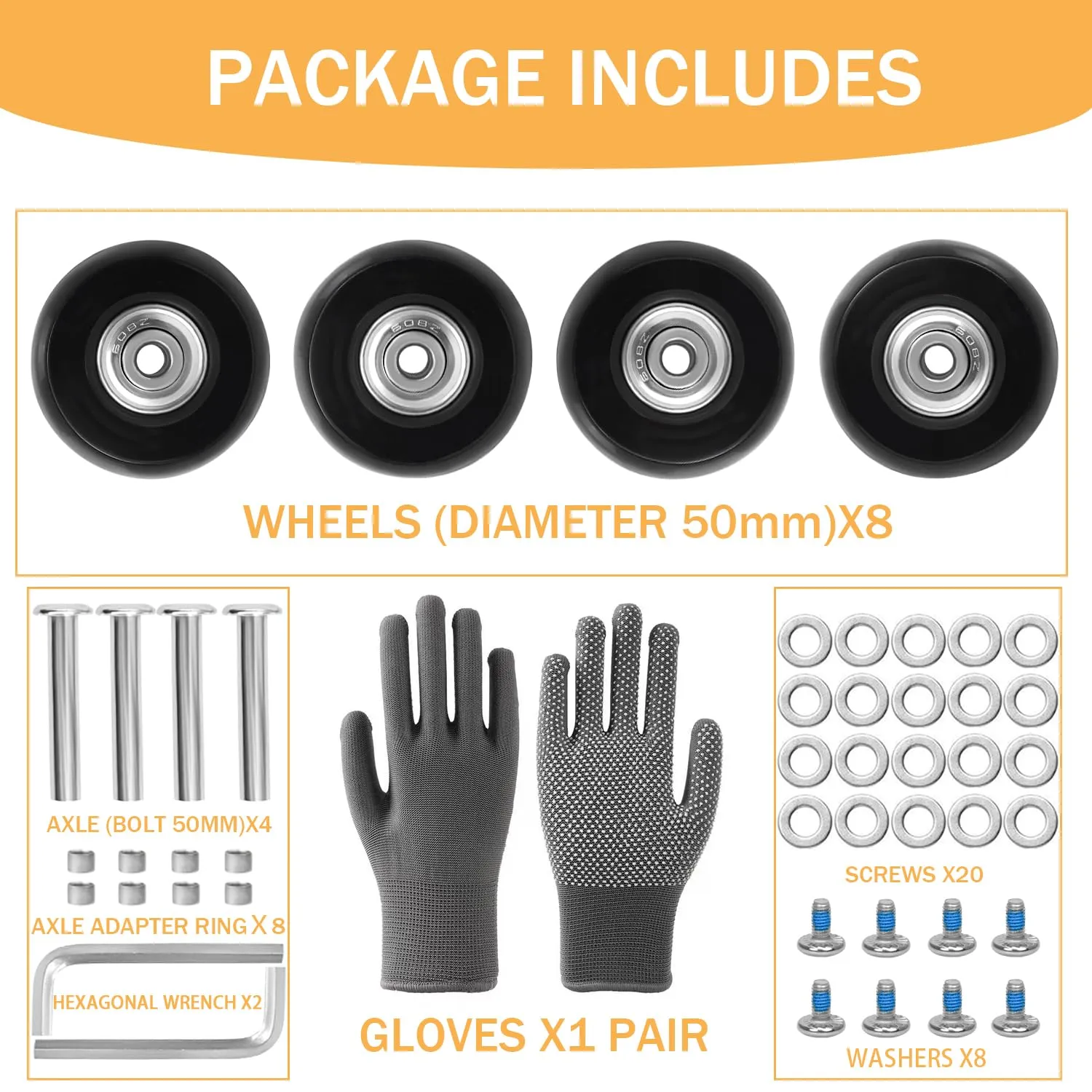 50mm x 14mm Luggage Wheels Replacement Kit 8Pcs Rubber Swivel Caster Wheels with 50mm Axles and Repair Kit for Luggage Bags Trolley Case