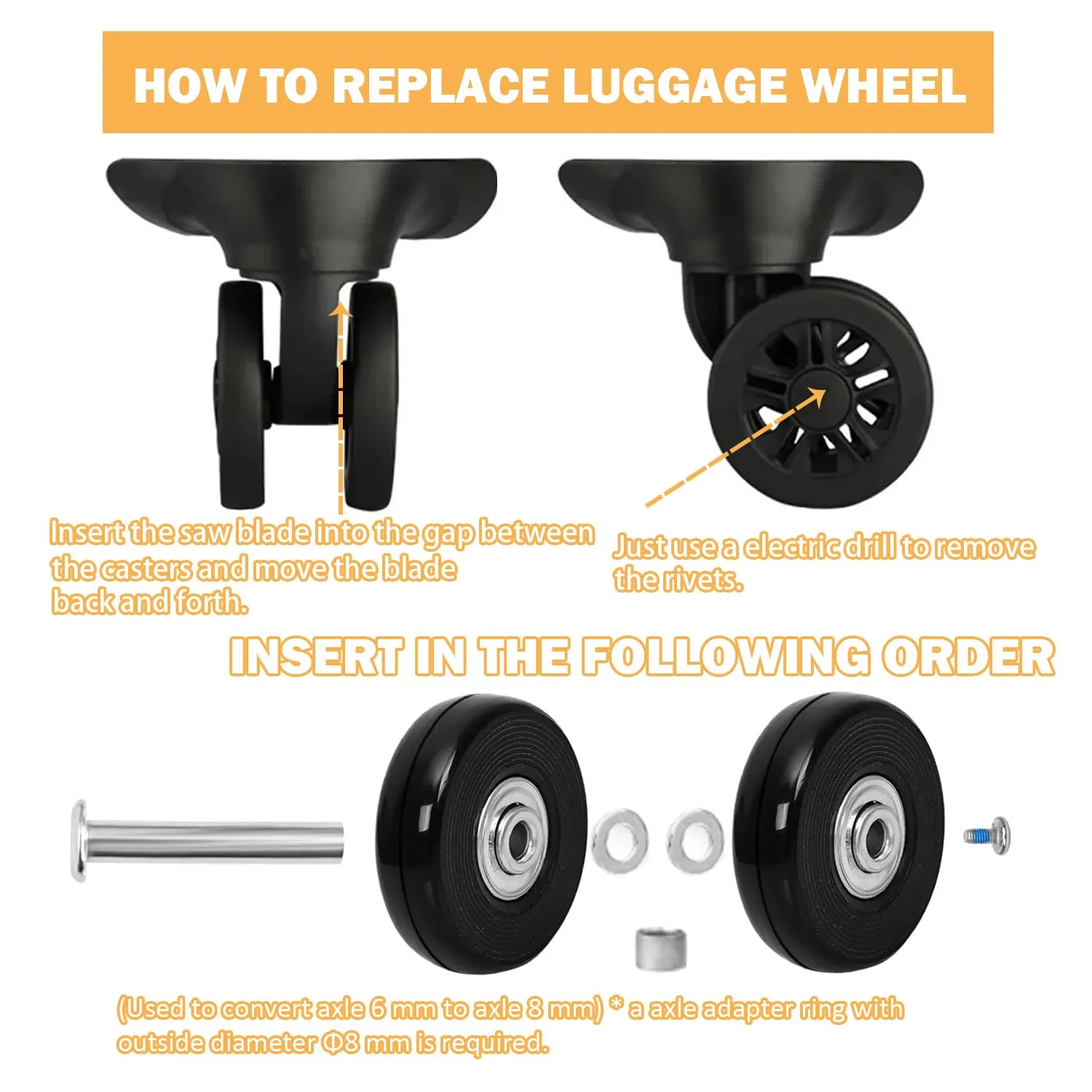 50mm x 14mm Luggage Wheels Replacement Kit 8Pcs Rubber Swivel Caster Wheels with 50mm Axles and Repair Kit for Luggage Bags Trolley Case