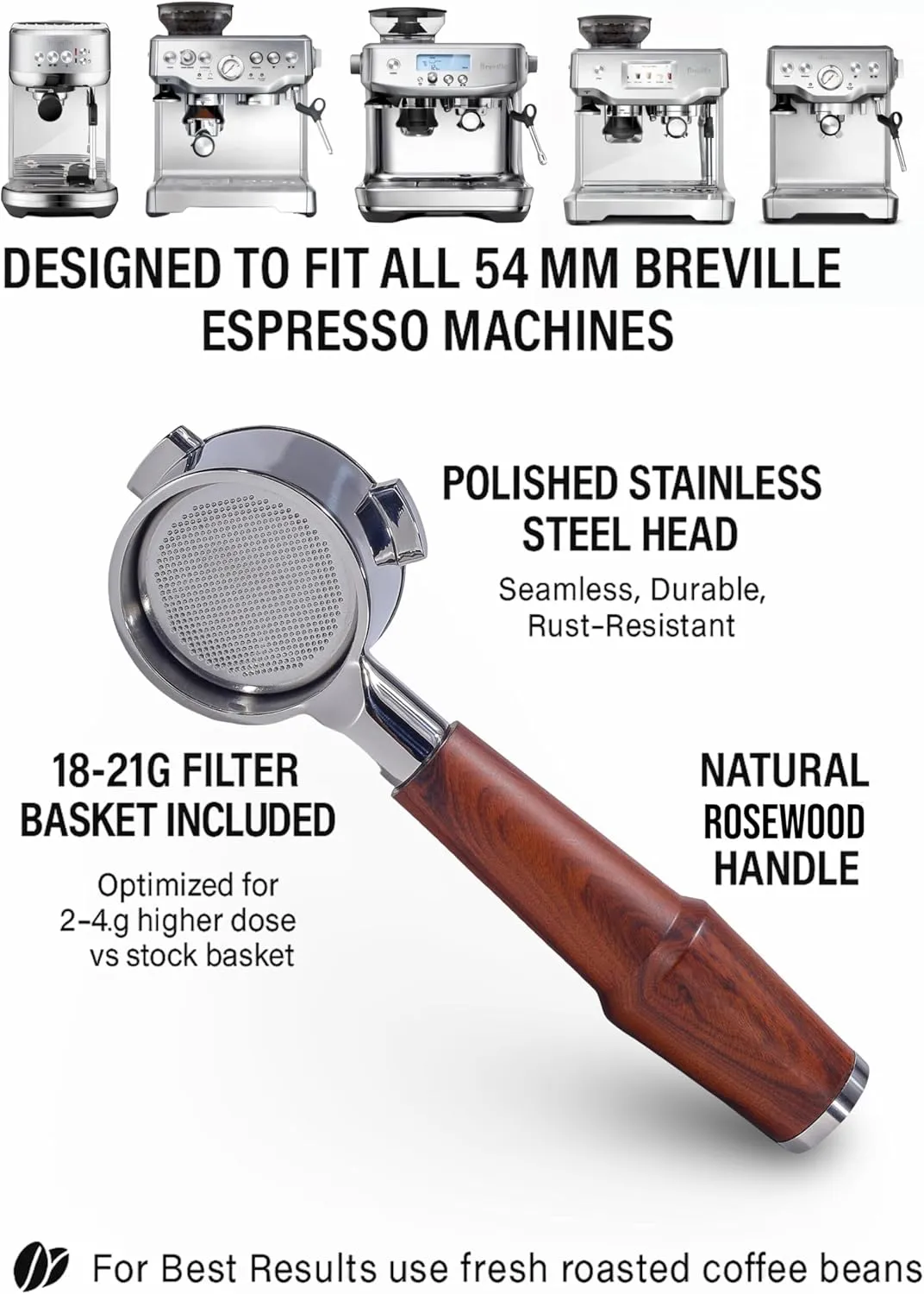 54mm Bottomless Portafilter Breville Compatible Rosewood Handle & Naked 18-21 Gram Filter Basket Included, Fits Barista Express, Pro, Touch, Bambino, Infuser, Duo Temp Pro