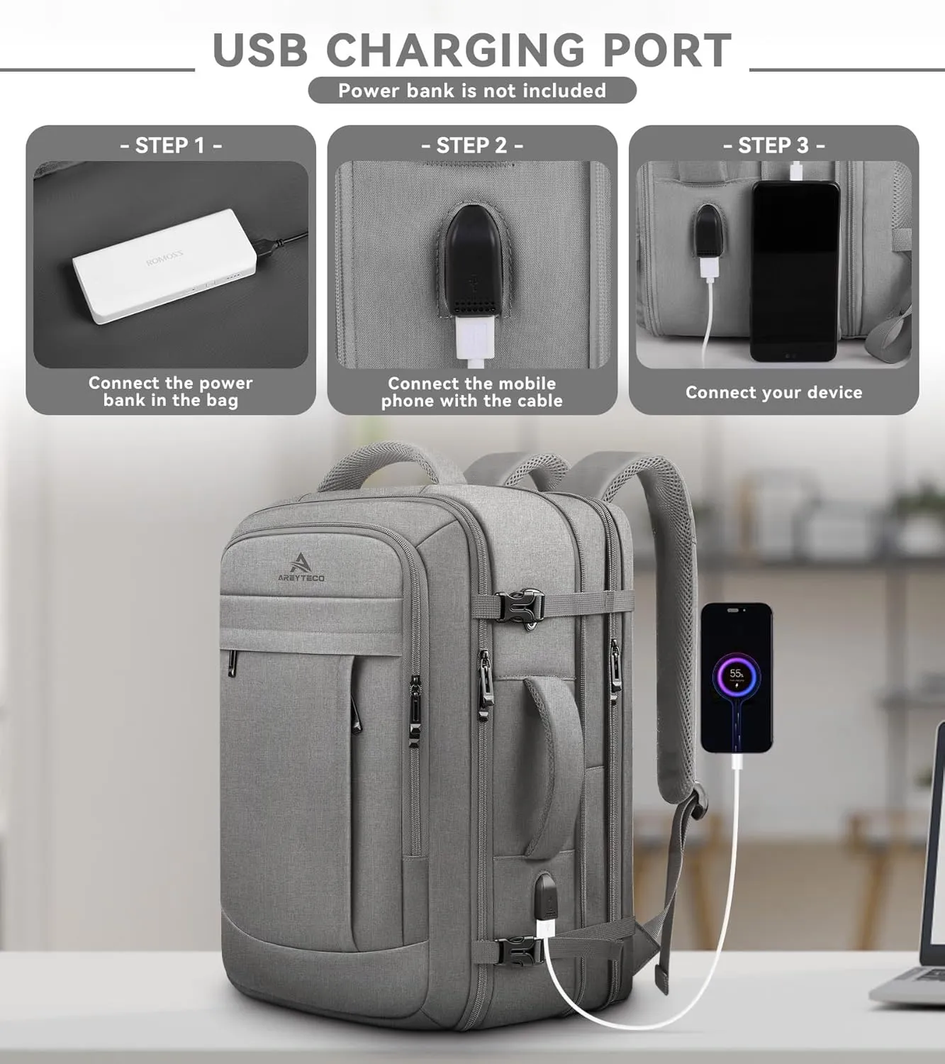 55L Travel Laptop Backpack for Men, Extra Large Backpack, Big Capacity Carry On Backpack, 18 Inch Laptop Backpack with USB Charge Port Water Resistant Luggage Computer Daypack College Bag, Grey