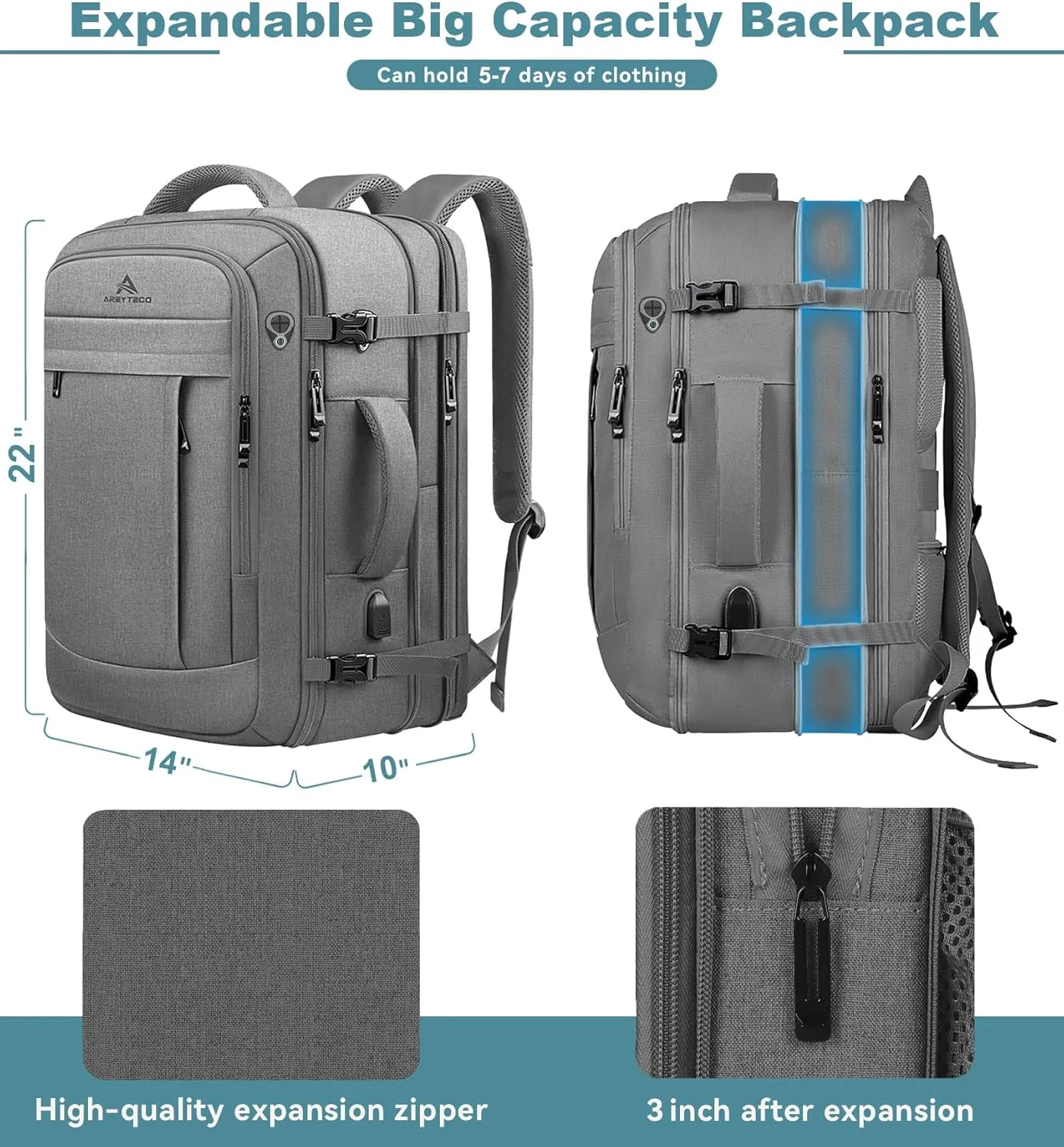 55L Travel Laptop Backpack for Men, Extra Large Backpack, Big Capacity Carry On Backpack, 18 Inch Laptop Backpack with USB Charge Port Water Resistant Luggage Computer Daypack College Bag, Grey