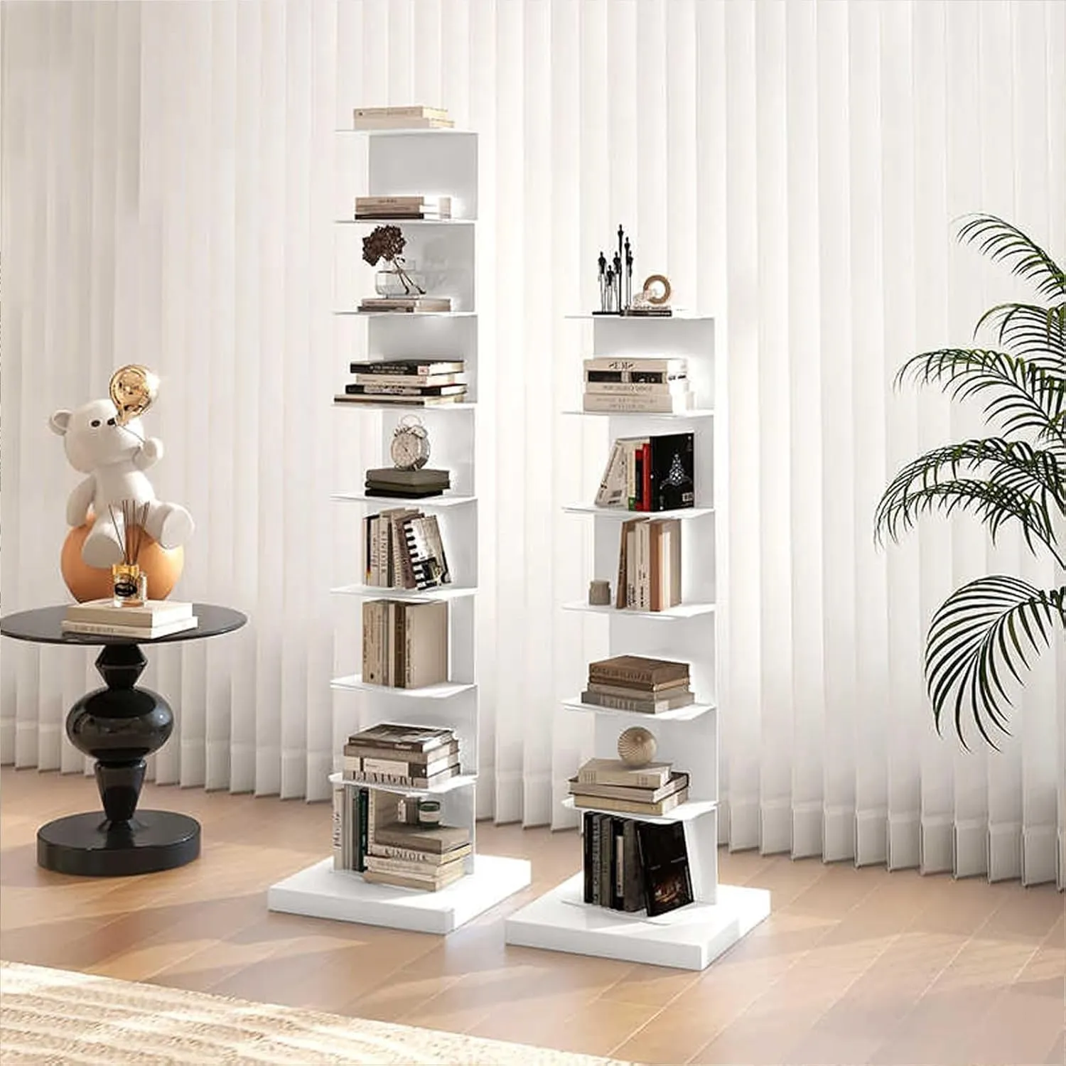 6 Tier Black Metal Spine Bookshelf Tower for Home Office Display Vertical Narrow Ladder Bookshelf Corner Bookcase with Small Space Optimization