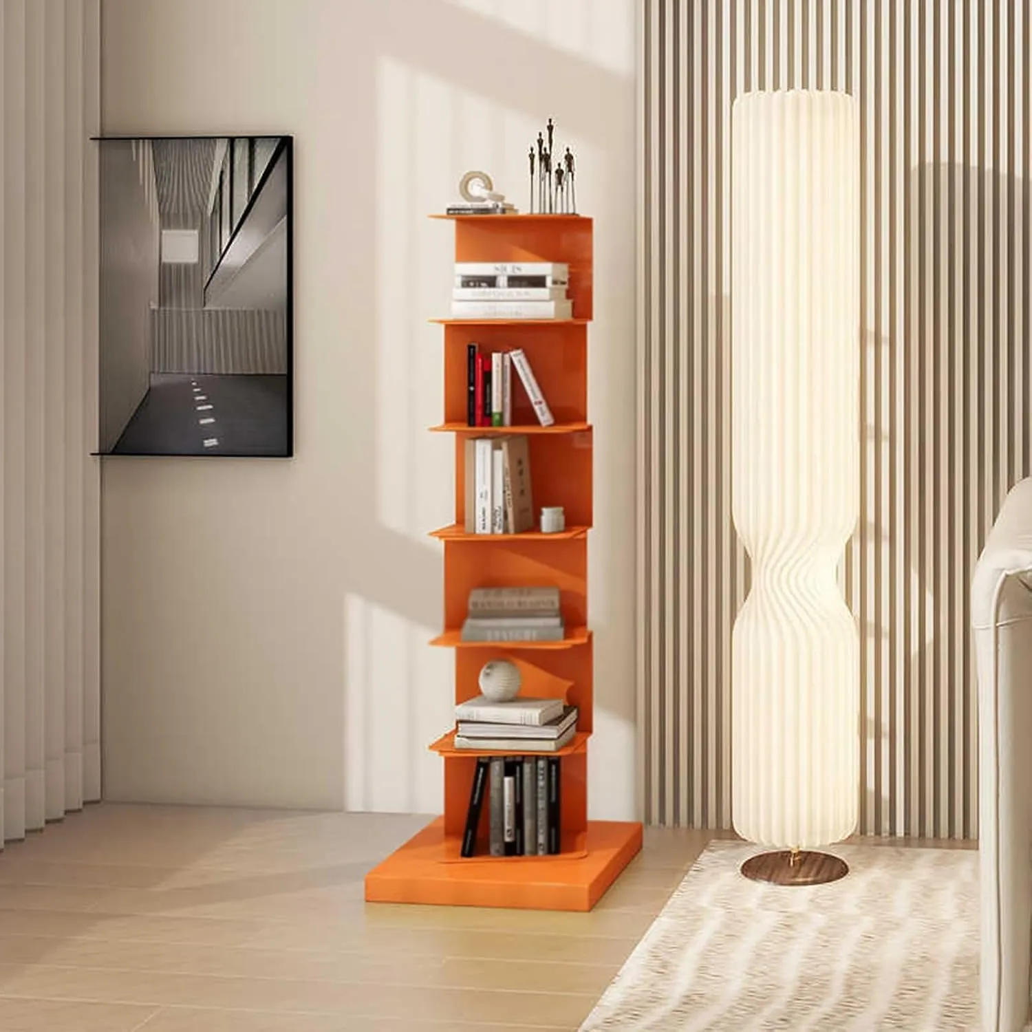 6 Tier Black Metal Spine Bookshelf Tower for Home Office Display Vertical Narrow Ladder Bookshelf Corner Bookcase with Small Space Optimization
