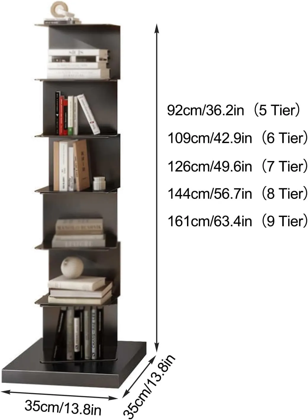 6 Tier Black Metal Spine Bookshelf Tower for Home Office Display Vertical Narrow Ladder Bookshelf Corner Bookcase with Small Space Optimization