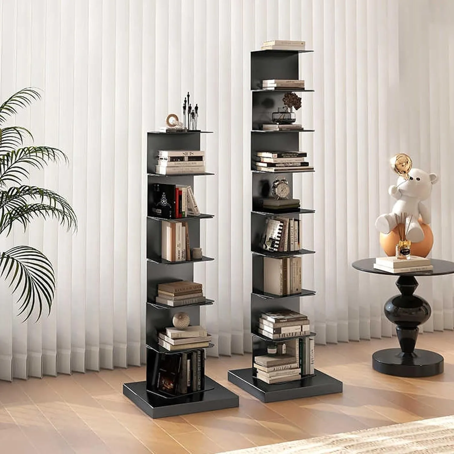 6 Tier Black Metal Spine Bookshelf Tower for Home Office Display Vertical Narrow Ladder Bookshelf Corner Bookcase with Small Space Optimization