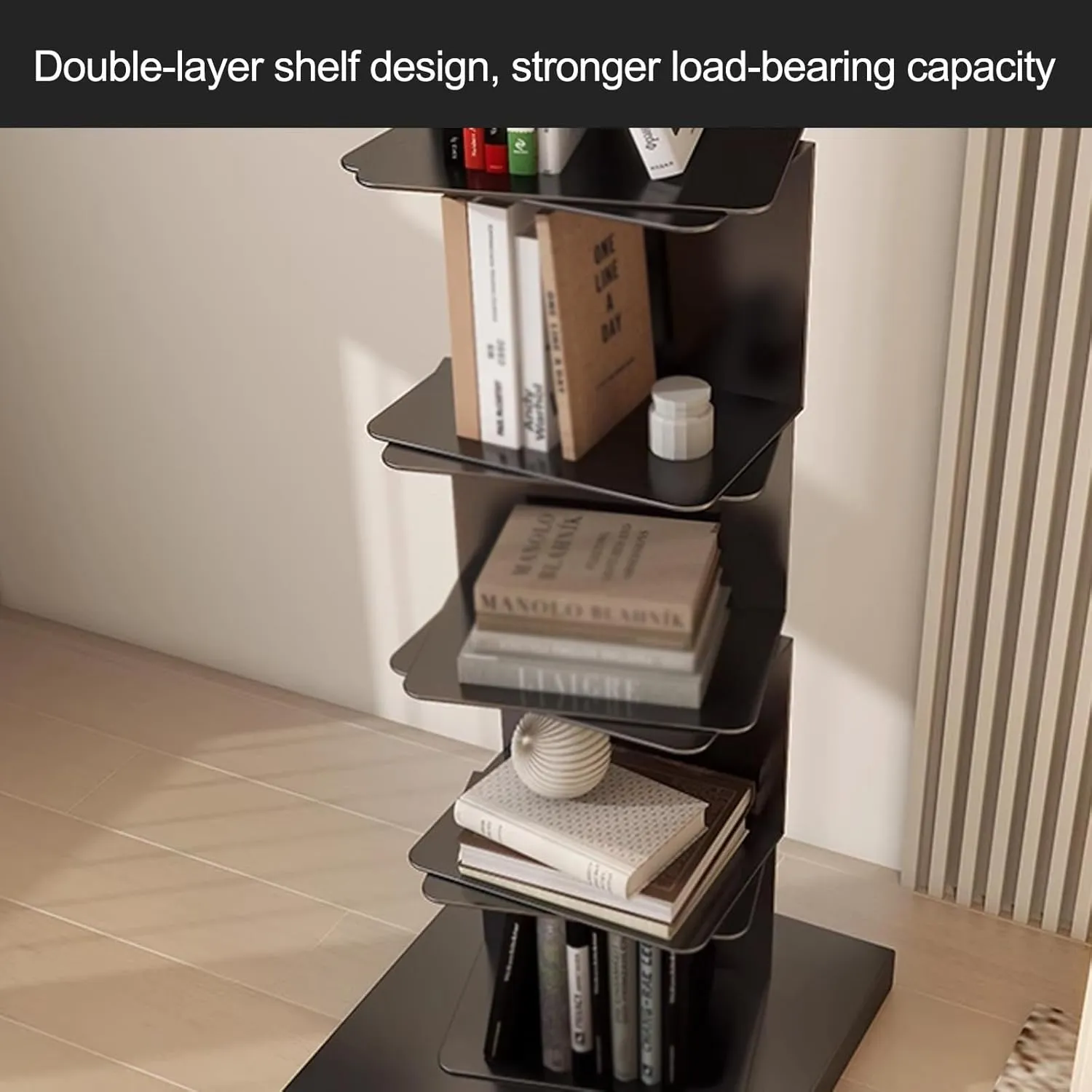 6 Tier Black Metal Spine Bookshelf Tower for Home Office Display Vertical Narrow Ladder Bookshelf Corner Bookcase with Small Space Optimization