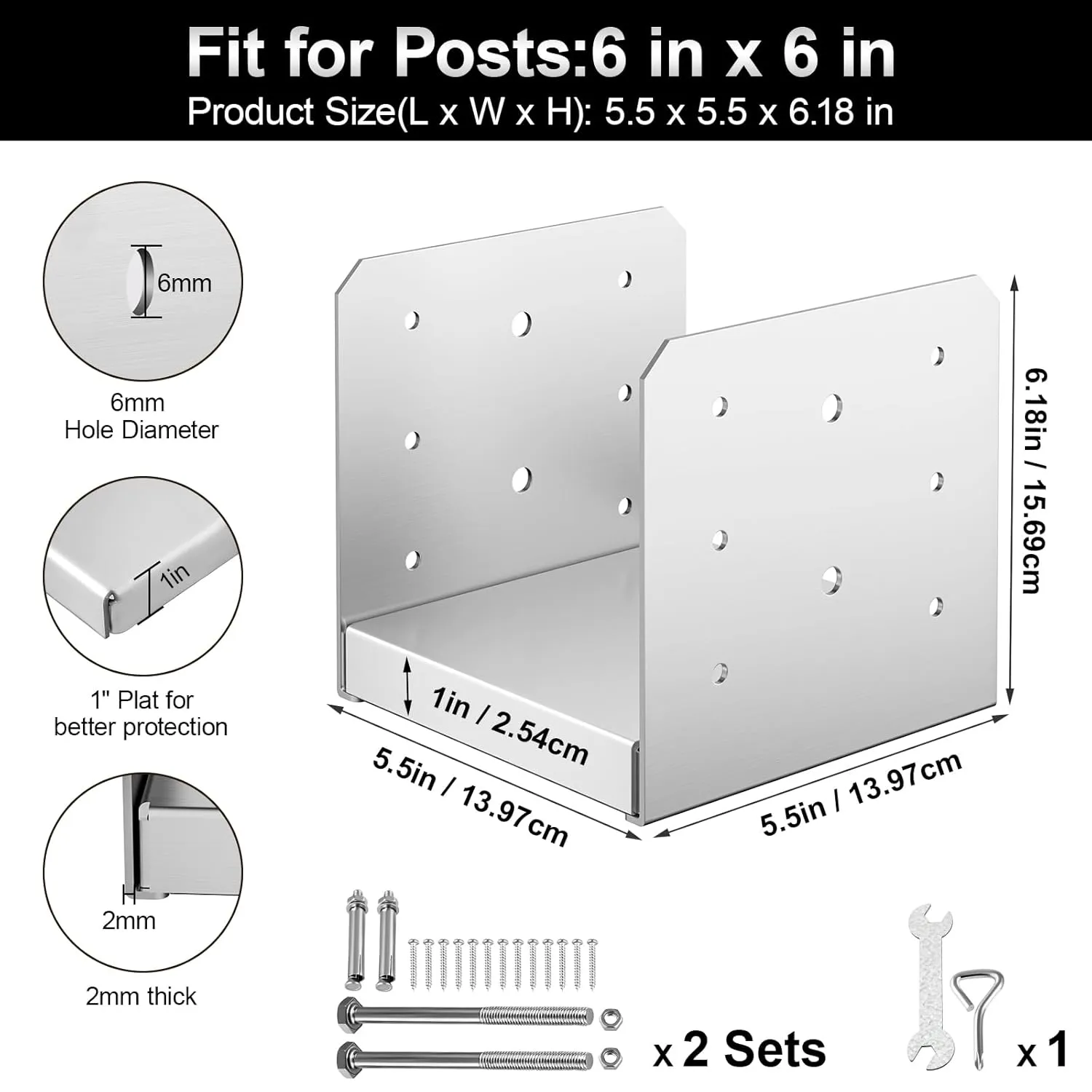 6"x 6" Post Base, 2Pcs Stainless Steel Adjustable Post Anchor Bracket(Internal 5.5 x 5.5), Adjustable Post Base for Pavilion Deck Porch Handrail Railing Support Decorative Anchor Plate