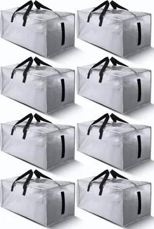 8 Pack Large Strong Bags with Zippers & Carrying Handles - Water-Resistant - Heavy Duty Storage Tote for Space Saving Storage, Fold Flat, Alternative to Moving Box (Silver)