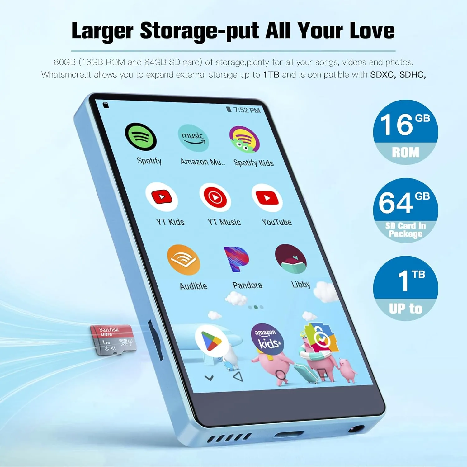 80GB MP3 Player with Bluetooth and WiFi,MP3 MP4 Player for Kids with Spotify, YouTube, Audible, 4.0" HD Touch Screen Android Music Player with Parental Controls, 2000mAh,APK Download,Up to 1TB