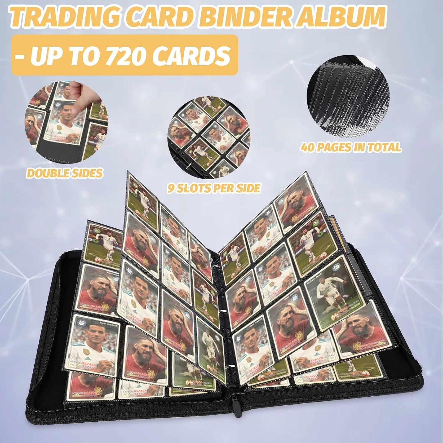 9 Pocket Card Binder, Premium Zip Trading Card Binder, 720 Double Sided Pocket PU Collection Binder, Collector Album, Card Folder for MTG, TCG, Sports Cards, (Black)