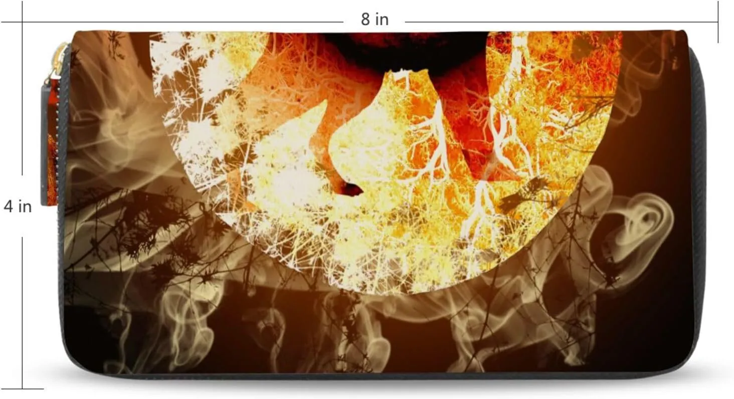 A Fire Howling Wolf Locked in a Full Moon with Flames Leather Long Wallet Organizer with Zipper Purse Clutch Bag for Women Men Key Card Coin Passport Checkbook 8 x 4 inch