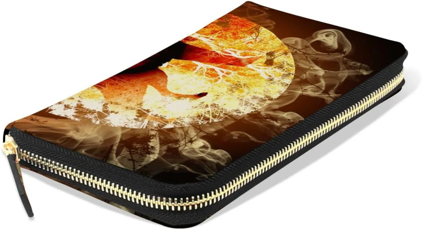 A Fire Howling Wolf Locked in a Full Moon with Flames Leather Long Wallet Organizer with Zipper Purse Clutch Bag for Women Men Key Card Coin Passport Checkbook 8 x 4 inch