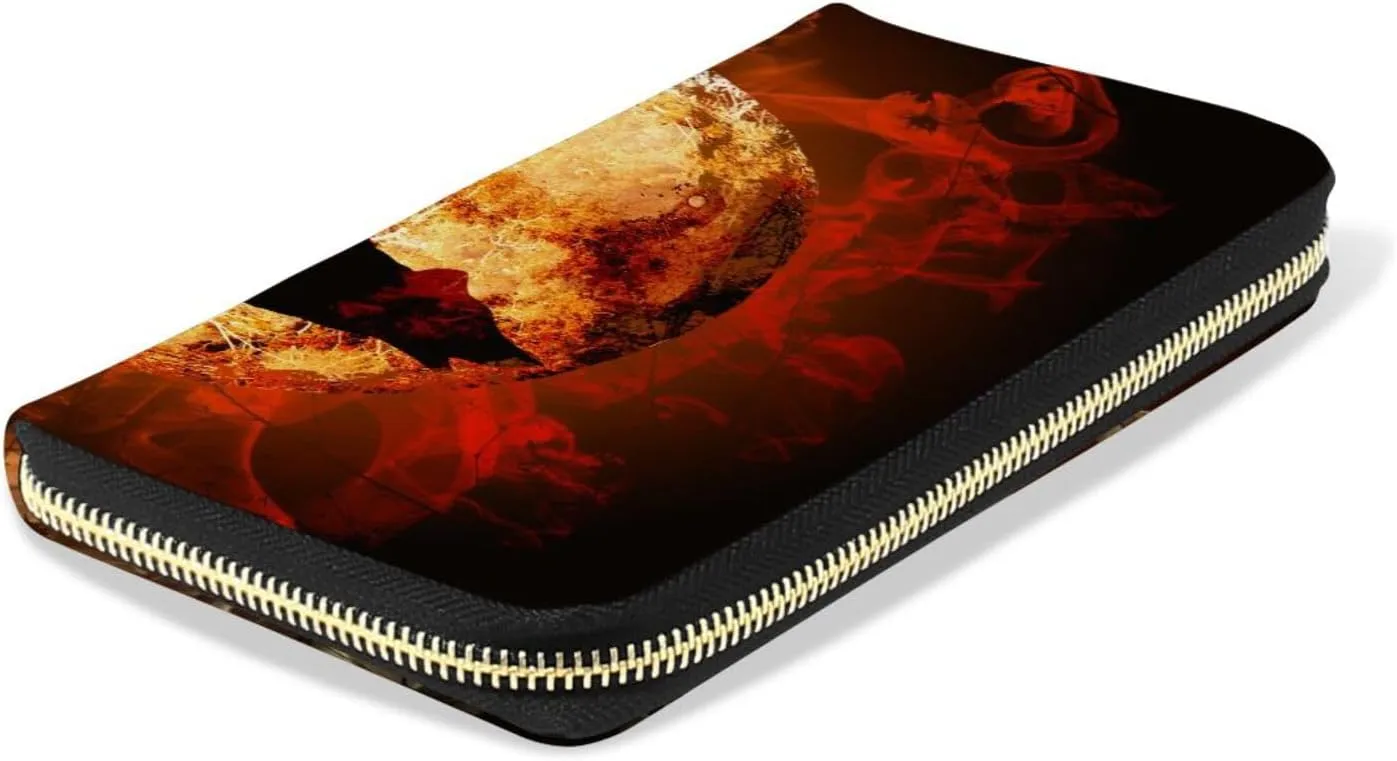 A Fire Howling Wolf Locked in a Full Moon with Flames Leather Long Wallet Organizer with Zipper Purse Clutch Bag for Women Men Key Card Coin Passport Checkbook 8 x 4 inch