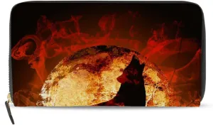 A Fire Howling Wolf Locked in a Full Moon with Flames Leather Long Wallet Organizer with Zipper Purse Clutch Bag for Women Men Key Card Coin Passport Checkbook 8 x 4 inch