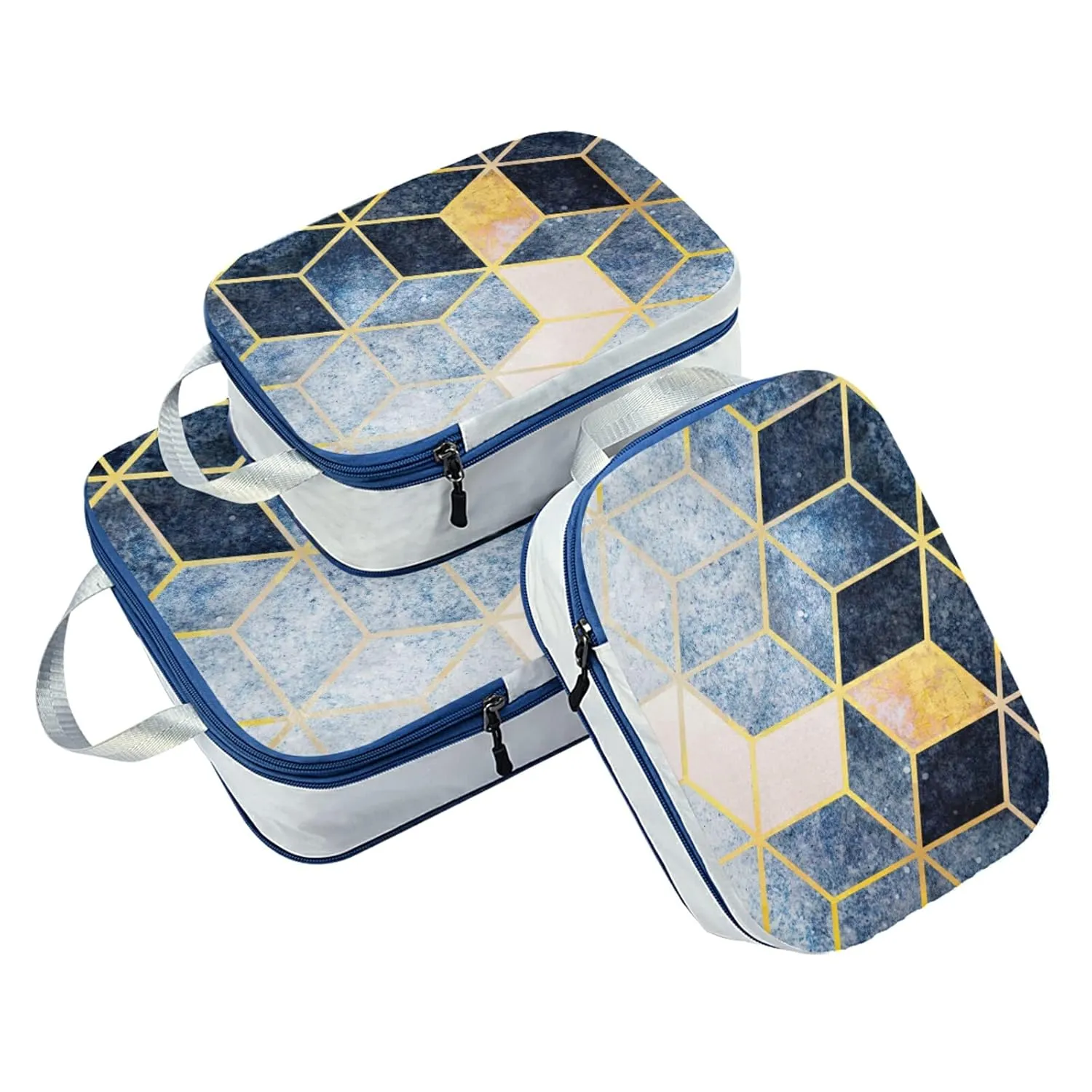 Abstract Blue Grey Gradient Cubic with Gold Lines 3 Piece set Cubes Expandable Adjustable Luggage Packing Bags, Ultralight Organizer Accessories Travel Suitcase Compressible Bags