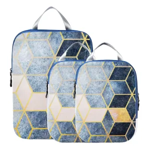 Abstract Blue Grey Gradient Cubic with Gold Lines 3 Piece set Cubes Expandable Adjustable Luggage Packing Bags, Ultralight Organizer Accessories Travel Suitcase Compressible Bags