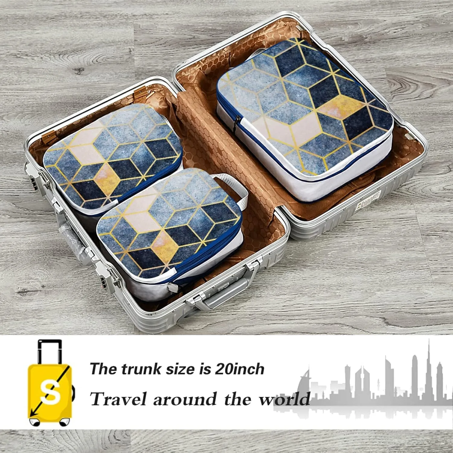 Abstract Blue Grey Gradient Cubic with Gold Lines 3 Piece set Cubes Expandable Adjustable Luggage Packing Bags, Ultralight Organizer Accessories Travel Suitcase Compressible Bags