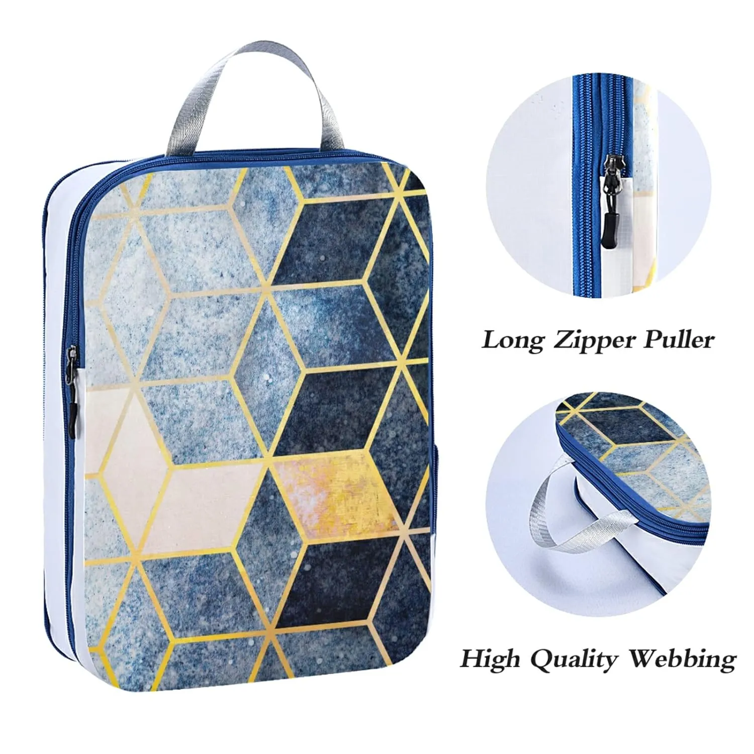 Abstract Blue Grey Gradient Cubic with Gold Lines 3 Piece set Cubes Expandable Adjustable Luggage Packing Bags, Ultralight Organizer Accessories Travel Suitcase Compressible Bags
