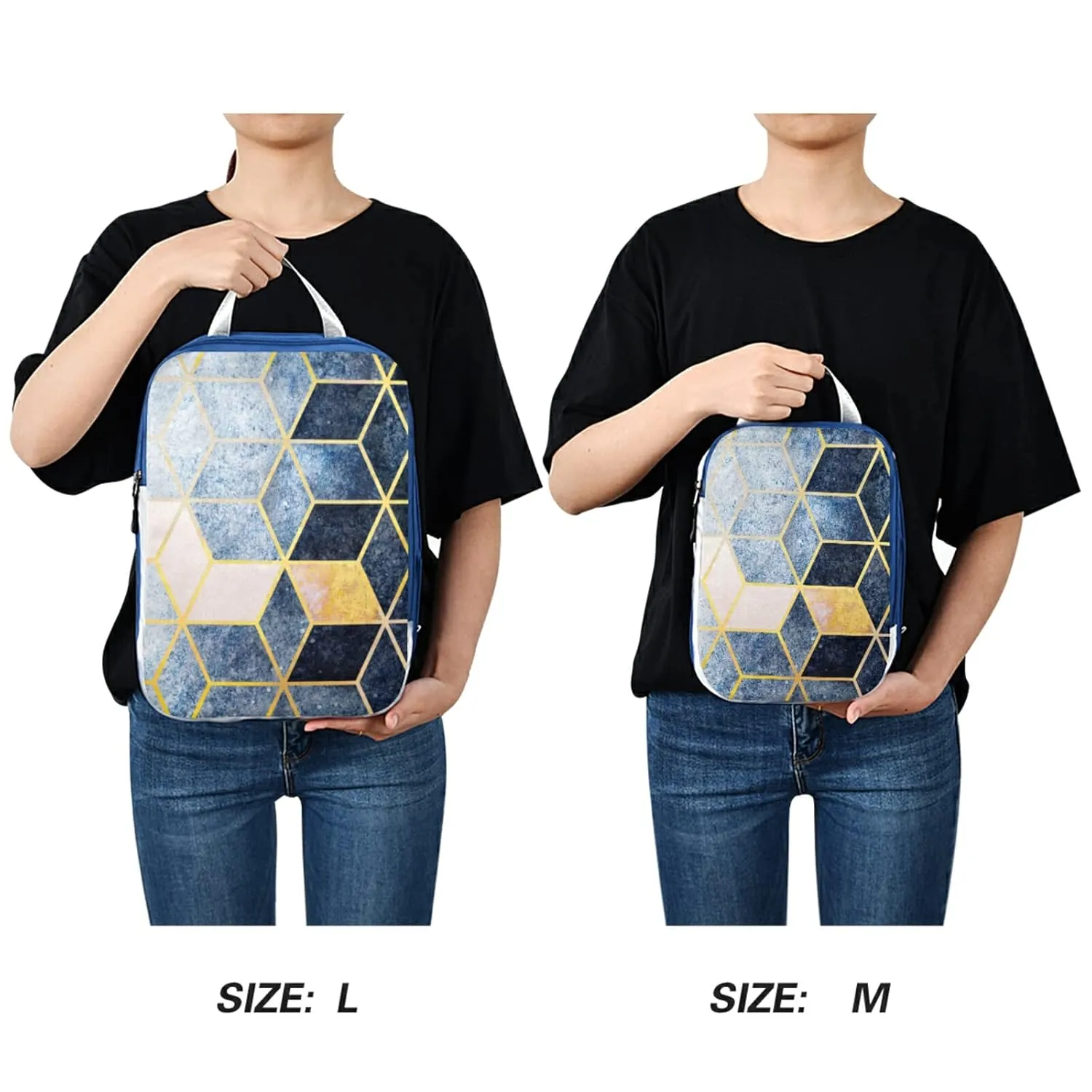 Abstract Blue Grey Gradient Cubic with Gold Lines 3 Piece set Cubes Expandable Adjustable Luggage Packing Bags, Ultralight Organizer Accessories Travel Suitcase Compressible Bags