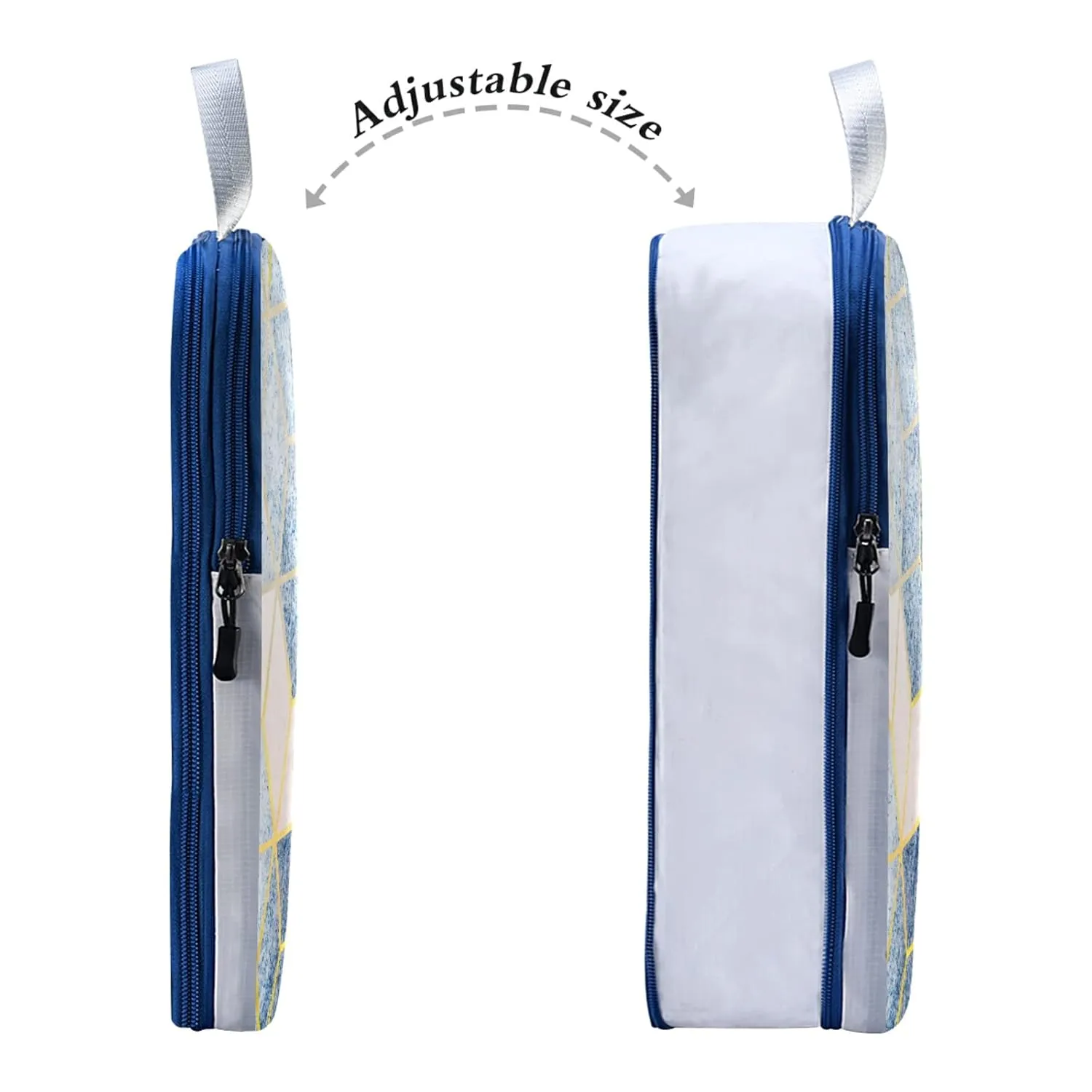 Abstract Blue Grey Gradient Cubic with Gold Lines 3 Piece set Cubes Expandable Adjustable Luggage Packing Bags, Ultralight Organizer Accessories Travel Suitcase Compressible Bags