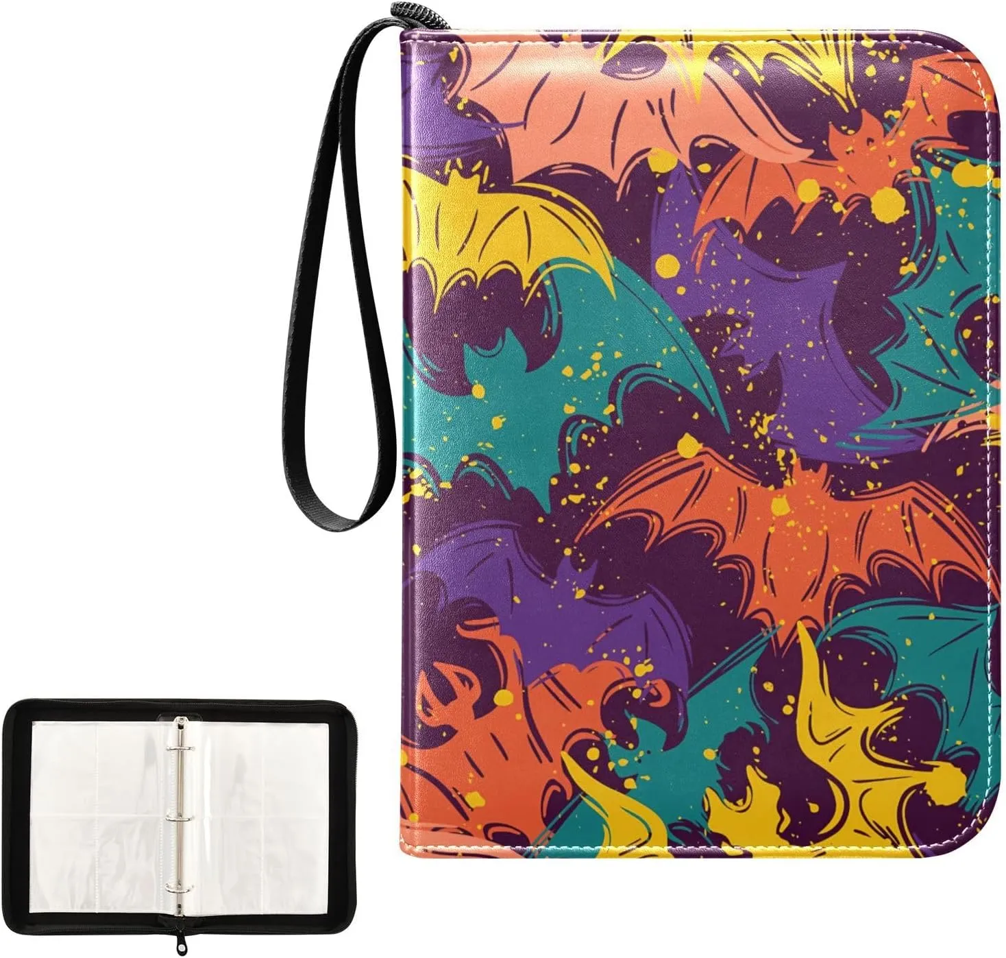 Abstract Halloween Colorful Bat Collectible Card Binder, 3 Ring Trading Card Binder with Sleeves for Sports Cards, Game Cards
