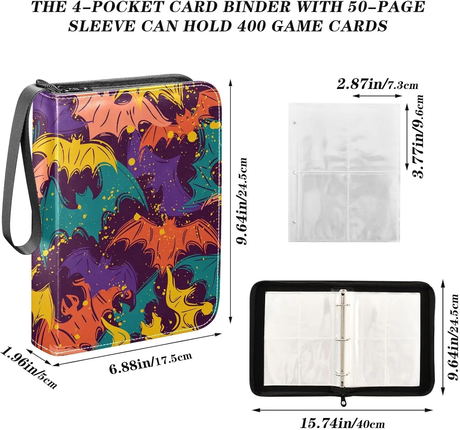 Abstract Halloween Colorful Bat Collectible Card Binder, 3 Ring Trading Card Binder with Sleeves for Sports Cards, Game Cards