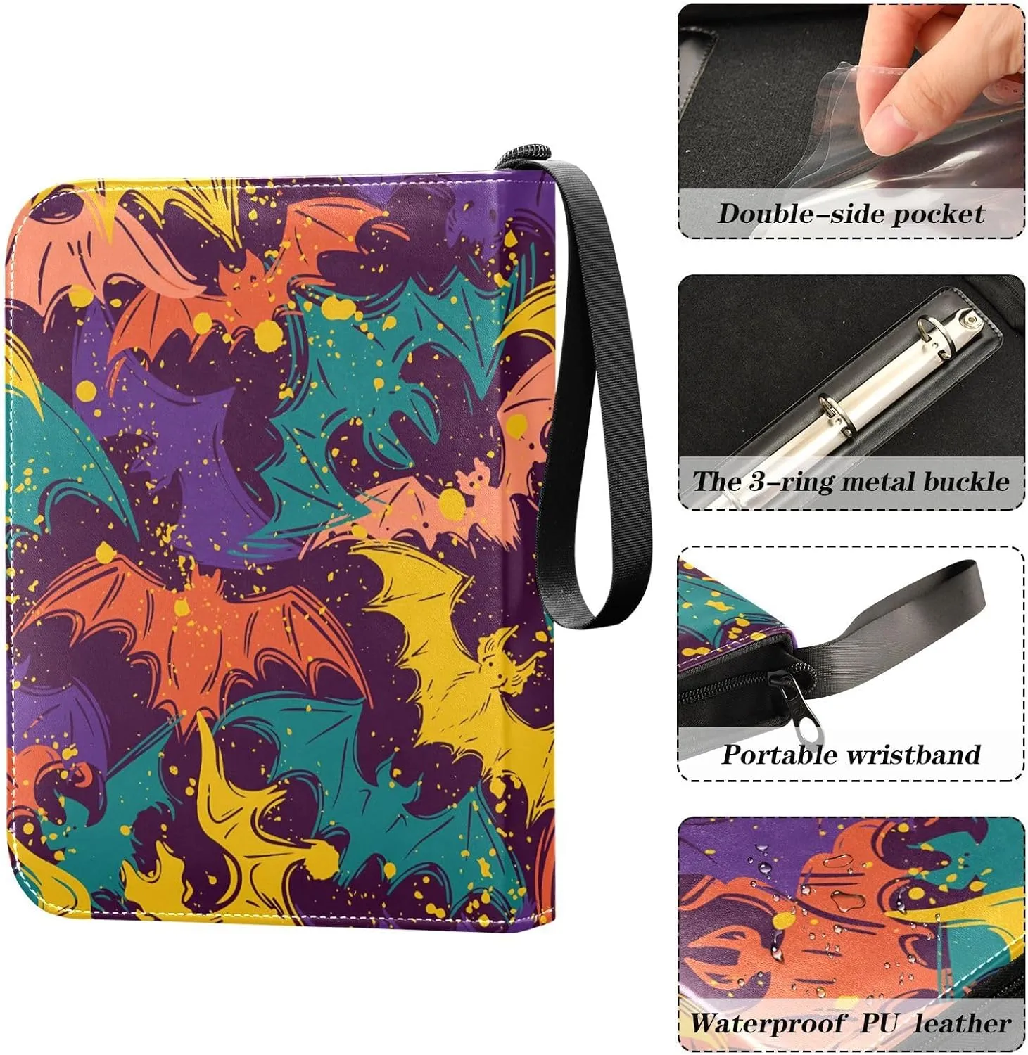Abstract Halloween Colorful Bat Collectible Card Binder, 3 Ring Trading Card Binder with Sleeves for Sports Cards, Game Cards