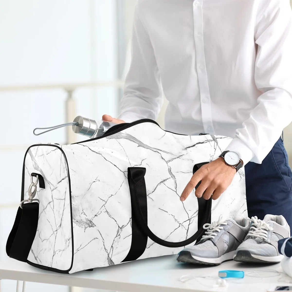 Abstract Marble Travel Duffle Bag for Women Men Gym Duffel Foldable Bag Waterproof Weekender White Grey Marble Duffle Tote
