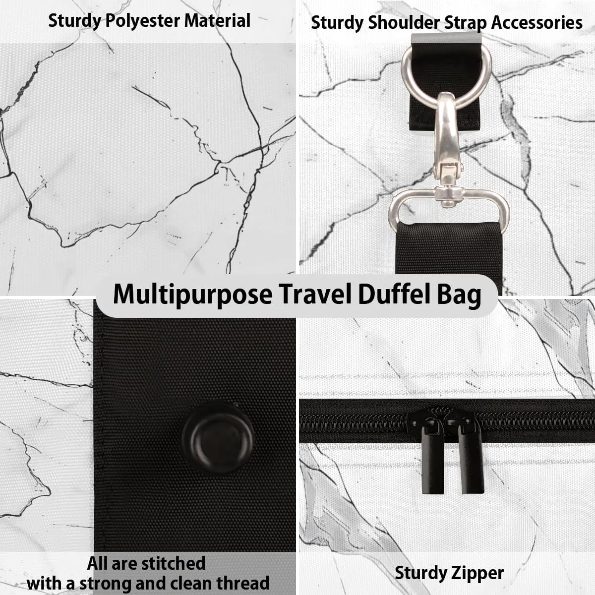 Abstract Marble Travel Duffle Bag for Women Men Gym Duffel Foldable Bag Waterproof Weekender White Grey Marble Duffle Tote