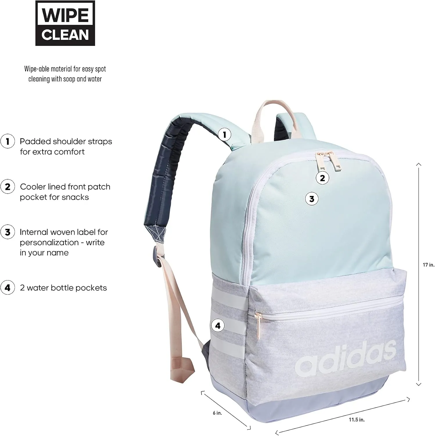 adidas Classic 3S Backpack for Boys and Girls, Jersey White/Halo Mint Green/Violet Tone Purple, One Size