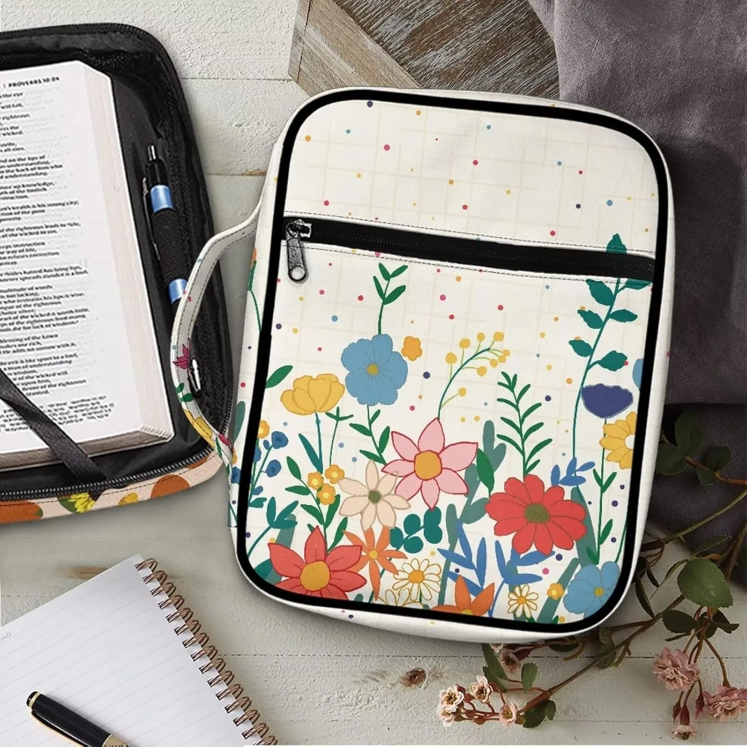AFPANQZ Floral Double Handle Bible Pouch Inner Organizing Pockets Bible Protection Case Bible Protector Study Bible Supplies Organizer Bible Protection Case