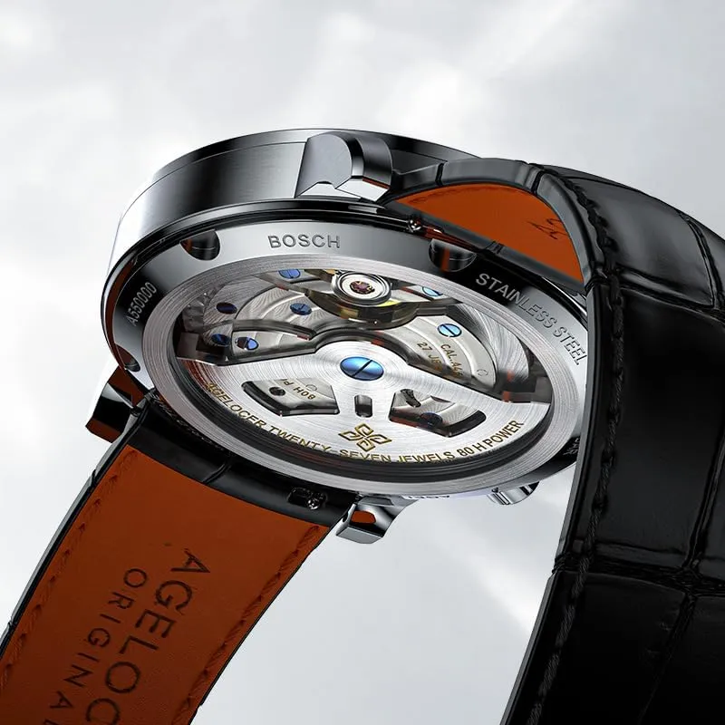 AGELOCER Mechanical Automatic Watch for Men, Blue Planet/Sapphire Mirror/Leather Strap/World Time Business Wrist Watches