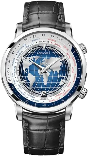 AGELOCER Mechanical Automatic Watch for Men, Blue Planet/Sapphire Mirror/Leather Strap/World Time Business Wrist Watches