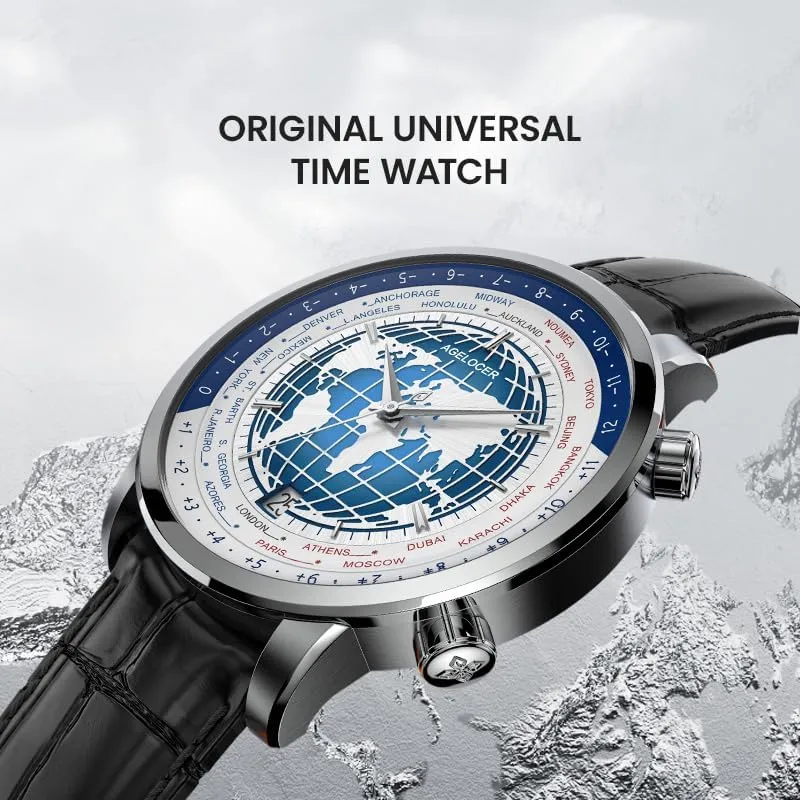 AGELOCER Mechanical Automatic Watch for Men, Blue Planet/Sapphire Mirror/Leather Strap/World Time Business Wrist Watches