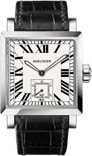 AGELOCER Mechanical Watch, Square Automatic Self Wind Men's Watch Calendar Luminous Retro Rome Dial Men's Wrist Watches