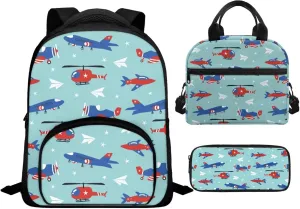 Airplane Backpack for Boys 5-7 Lightweight Bookbag with Lunch Box and Cartoon Graphic Pencil Case Fashion School Bag for Kindergarten Students Outdoor Trips