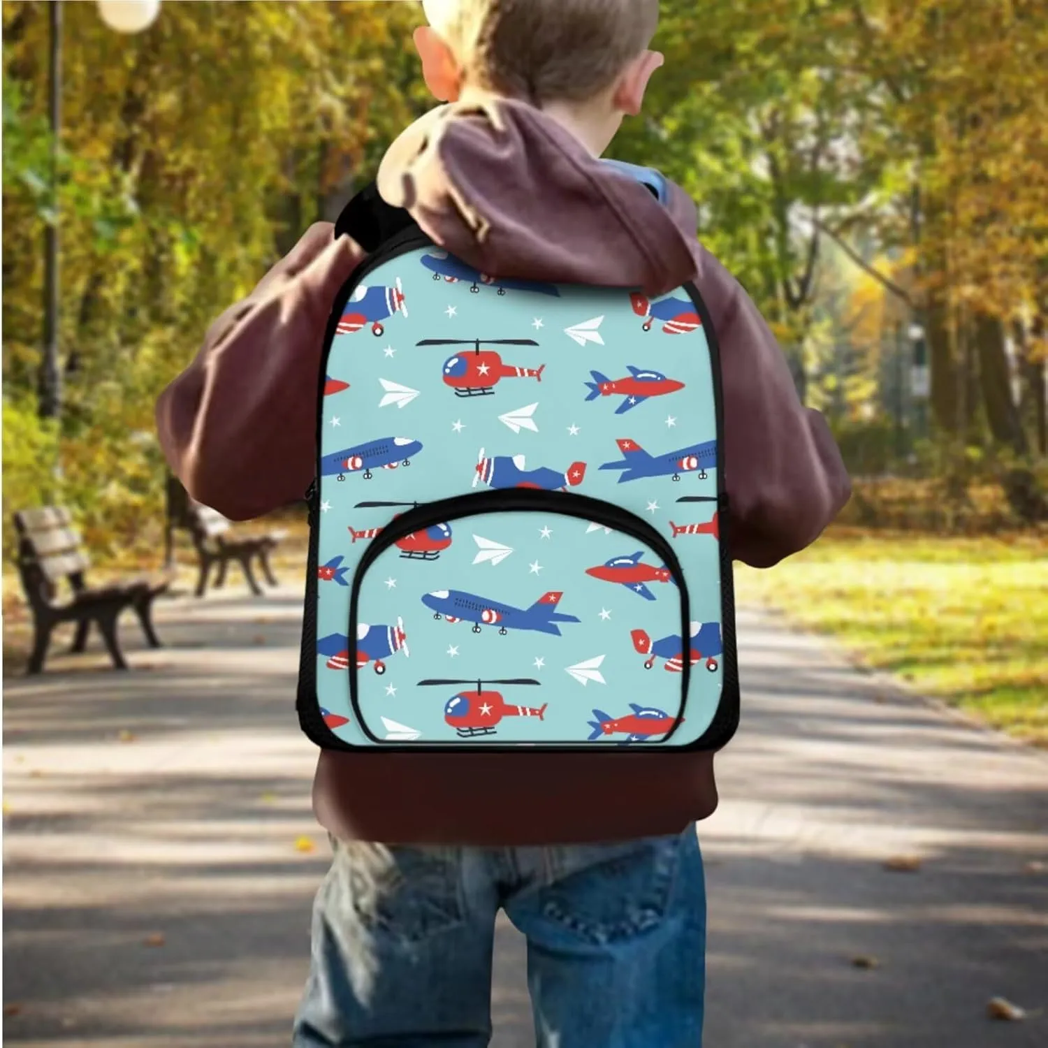 Airplane Backpack for Boys 5-7 Lightweight Bookbag with Lunch Box and Cartoon Graphic Pencil Case Fashion School Bag for Kindergarten Students Outdoor Trips